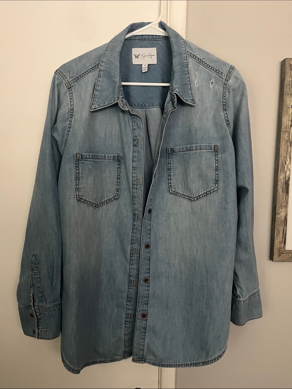 Jessica Simpson Distressed Light Blue Denim Button-Up Shirt -